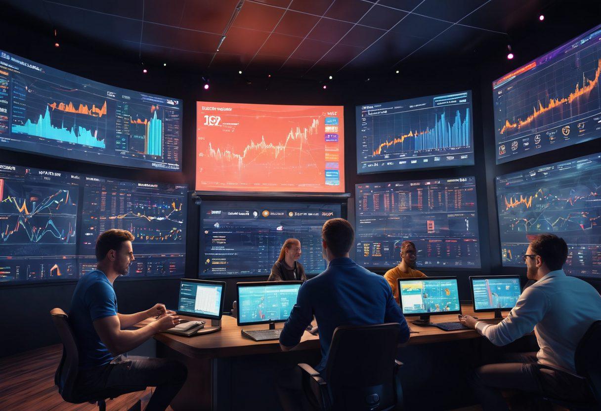 A dynamic scene featuring a diverse group of confident individuals studying sports statistics and odds on large screens, surrounded by overflowing charts and vibrant graphs showing climbing trends. The atmosphere is electric with excitement, set in a modern sports lounge complete with ambient lighting and sports memorabilia. Include betting slips and laptops to convey an engaging betting strategy session. super-realistic. vibrant colors. 3D.