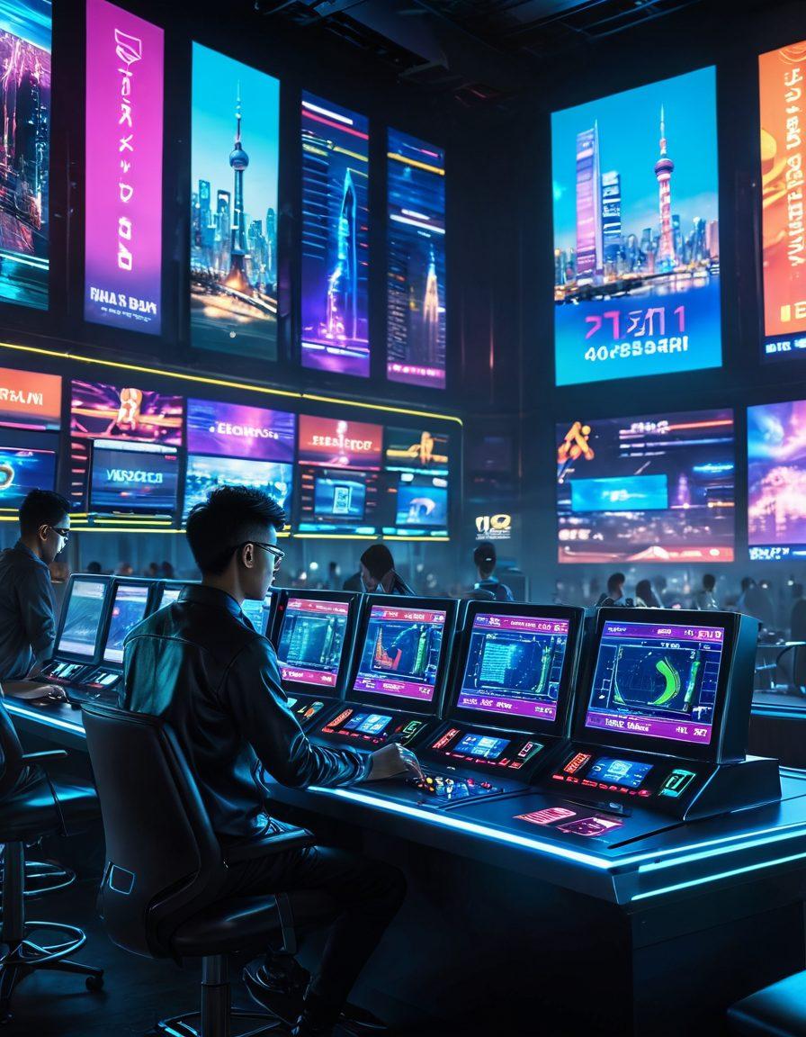 A futuristic betting scene showcasing high-tech digital platforms displaying real-time odds and statistics. In the background, vibrant city skylines of major Asian cities like Tokyo and Singapore, illuminated with neon lights, hinting at technological advancements. Include diverse players engaged in wagering with holographic interfaces, emphasizing innovation and excitement in betting culture. The atmosphere is dynamic and energetic, symbolizing the rapid evolution of the wagering industry. super-realistic. vibrant colors. cyberpunk.