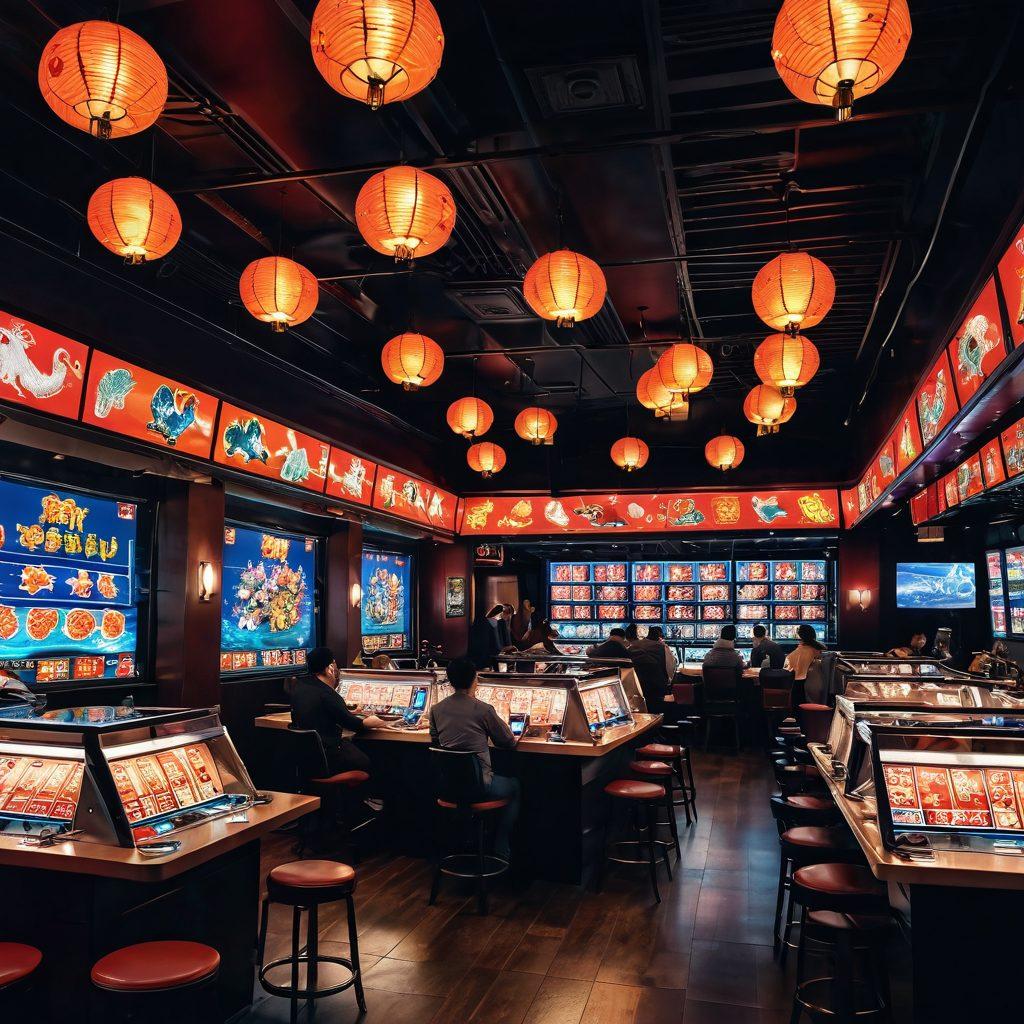 A dynamic scene showcasing a bustling Asian betting hub, featuring diverse individuals engaged in intense gaming, with bright neon lights illuminating various wagering platforms. Incorporate iconic Asian symbols such as koi fish and lanterns, illustrating the fusion of culture and modern betting. Capture an atmosphere of excitement and anticipation amidst stacks of chips and betting slips. super-realistic. vibrant colors. night scene.